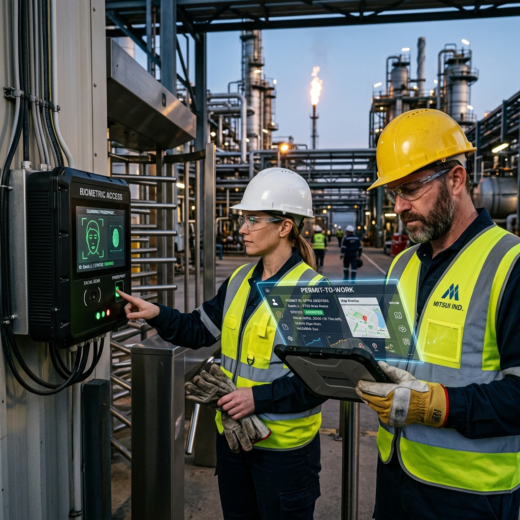 Biometric verification terminal and field workers using digital permit-to-work tablet at an industrial facility access gate.