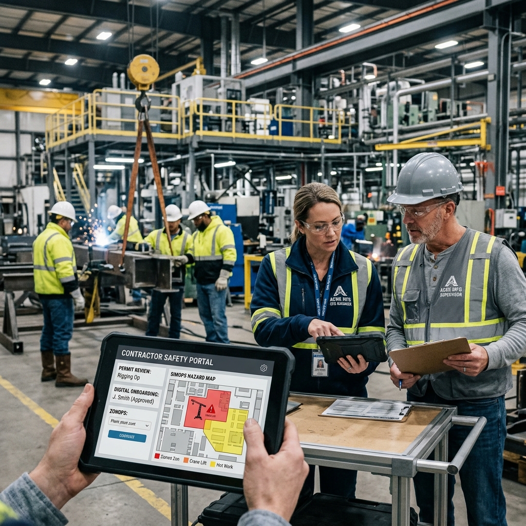 EHS managers and plant supervisors reviewing contractor safety permits and digital orientation status on a rugged tablet.